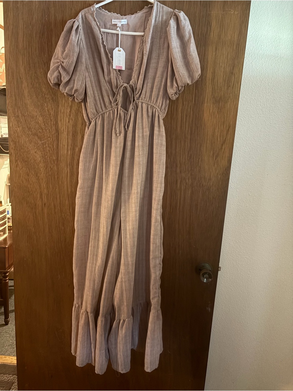 Mauve Puff-Sleeve Tie-Front Jumpsuit